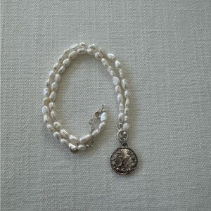 16” Fresh Water Pearl Toggle Necklace w 3/4” Silver Louis Vuitton Button Pendant